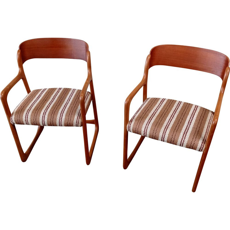 Pair of vintage Baumann armchairs in teak and fabric, 1960
