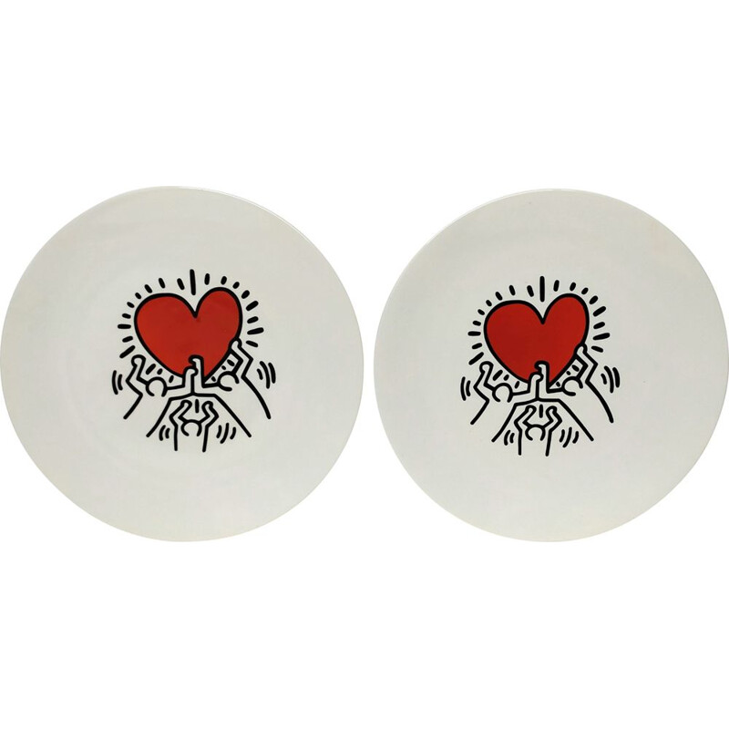 Pair of vintage silk-screened plates by Keith Haring, 1990s