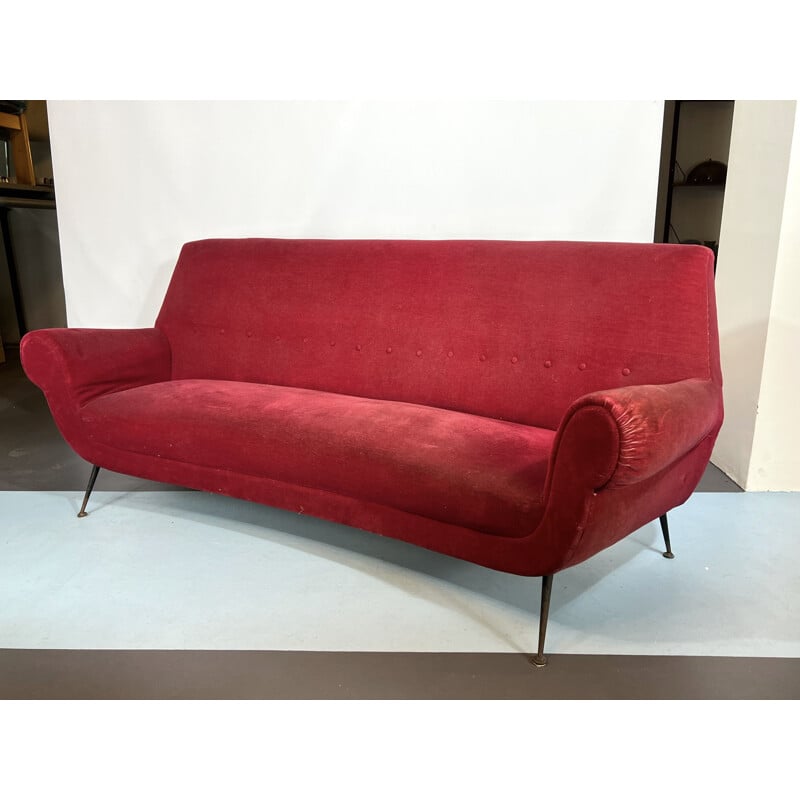 Vintage sofa in red velvet by Gigi Radice for Minotti, Italy 1950s