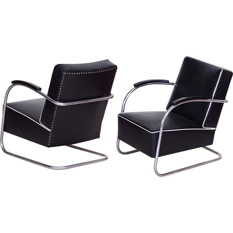 Pair of vintage black leather armchairs by Mucke-Melder, 1930s