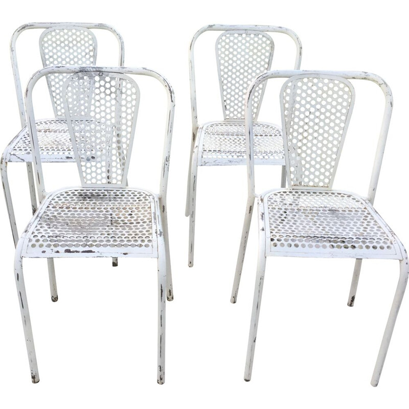 Set of 4 vintage perforated metal chairs by René Malaval for Bloc Métal, 1940