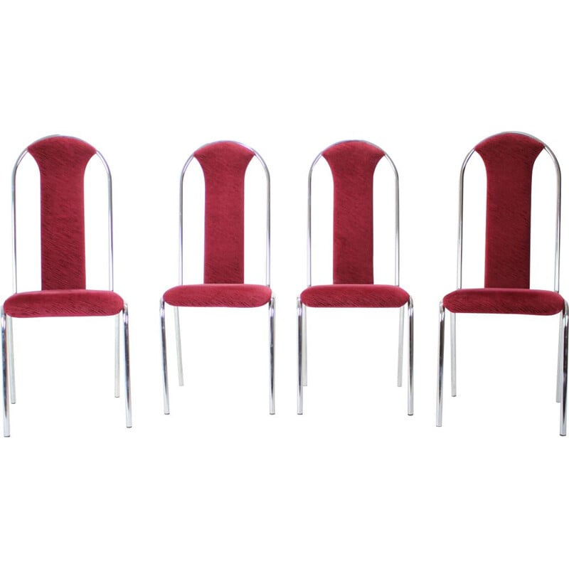 Set of 4 vintage Kovobel chairs in burgundy red, Czechoslovakia 1980s