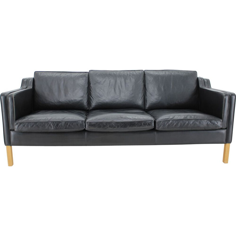 Vintage black leather three seater sofa by Stouby, Denmark 1970s