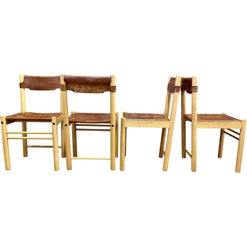 Set of 4 vintage leather and beechwood chairs by Sede for Ibisco, 1960