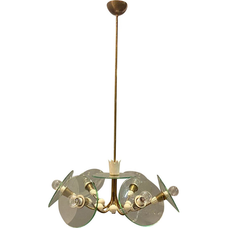 Vintage Art Deco glass and brass chandelier by Pietro Chiesa for Fontana Arte, 1940s