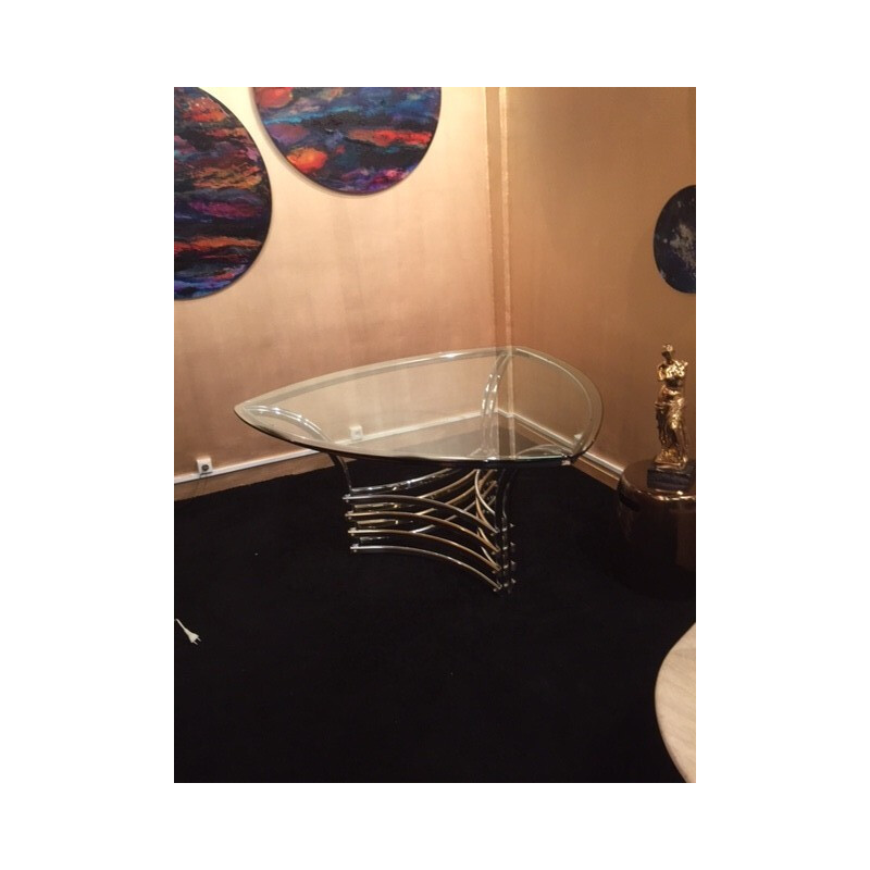 Italian triangle coffee table in glass and chromed steel - 1970s
