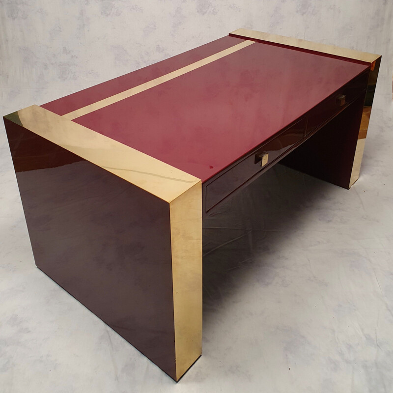 Vintage desk with box in lacquered wood & brass by Jean Claude Mahey, 1970