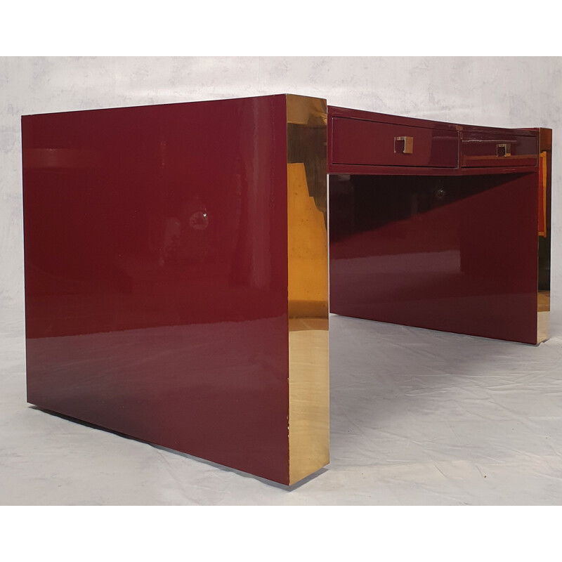 Vintage desk with box in lacquered wood & brass by Jean Claude Mahey, 1970