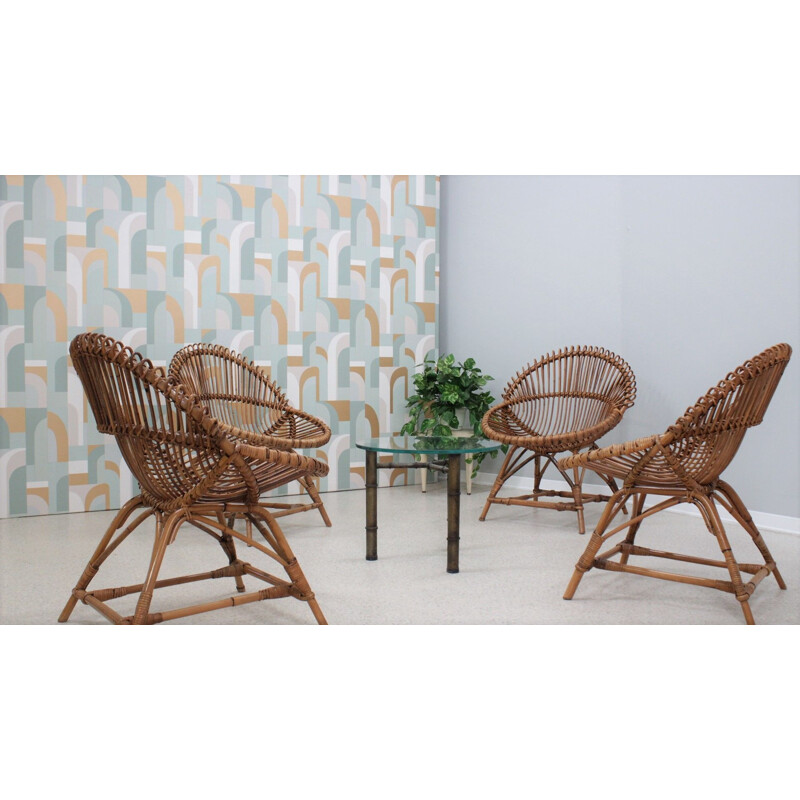 Set of 4 vintage rattan armchairs by Franco Albini, Italy 1950s