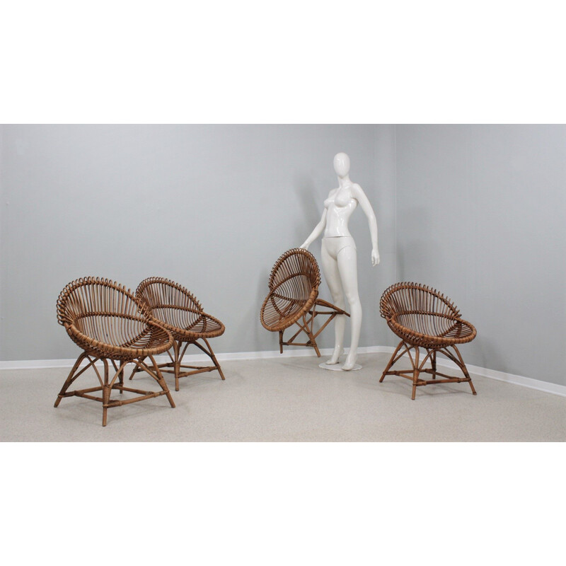 Set of 4 vintage rattan armchairs by Franco Albini, Italy 1950s