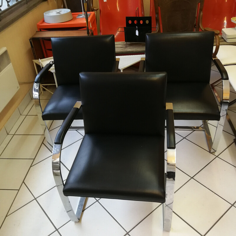 Set of 3 vintage armchairs "Brno" in black leather