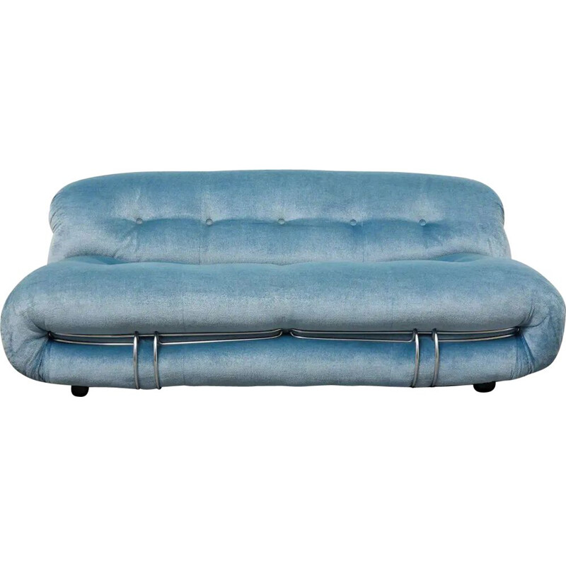 Vintage "Soriana" 3 seater blue velvet sofa by Afra & Tobia Scarpa for Cassina, 1970