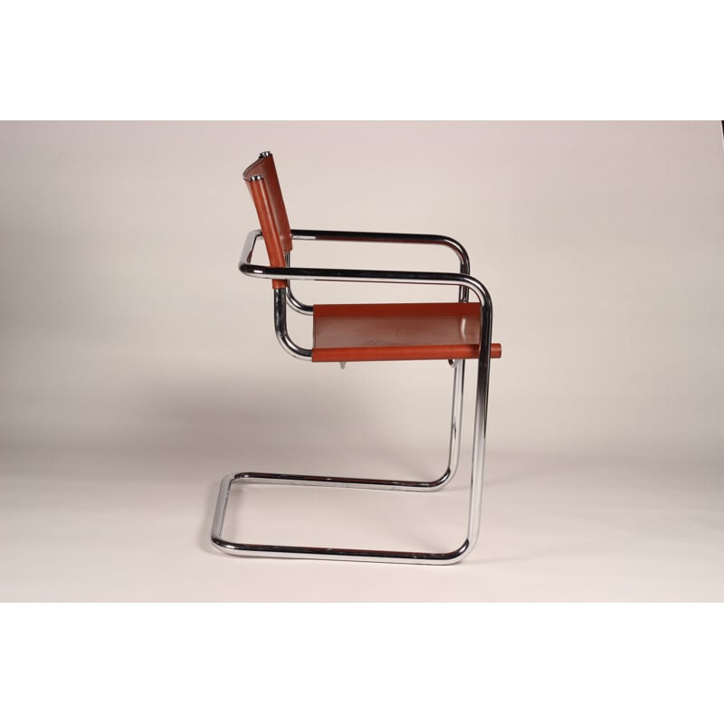 Set of 4 vintage cantilevered cognac leather and chrome armchairs
