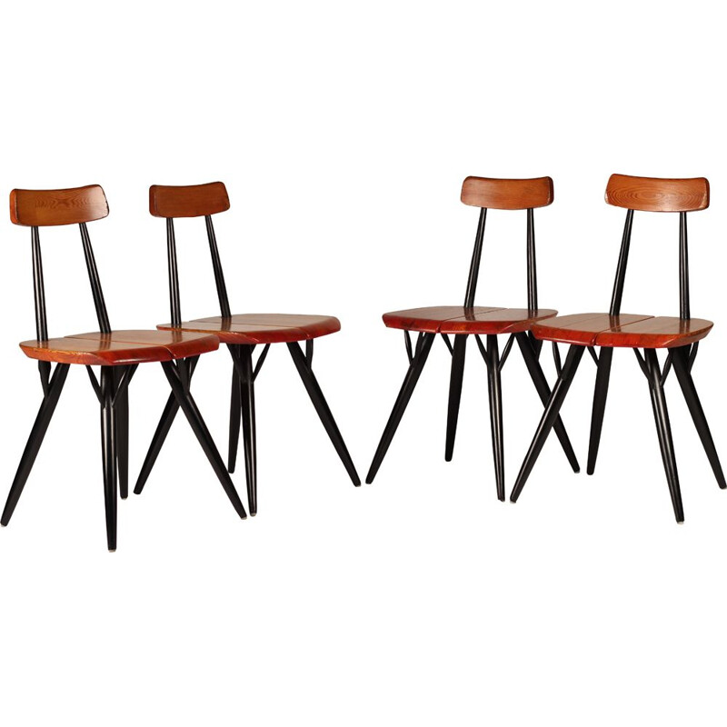 Set of 4 vintage beechwood "Pirkka" dining chairs by Ilmari Tapiovaara for Laukaan Puu, 1950s