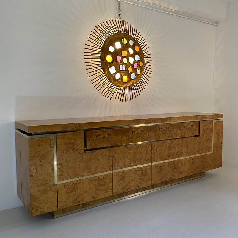 Vintage burr elmwood and brass sideboard by Jean-Claude Mahey, France 1970