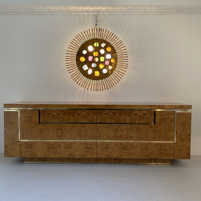 Vintage burr elmwood and brass sideboard by Jean-Claude Mahey, France 1970