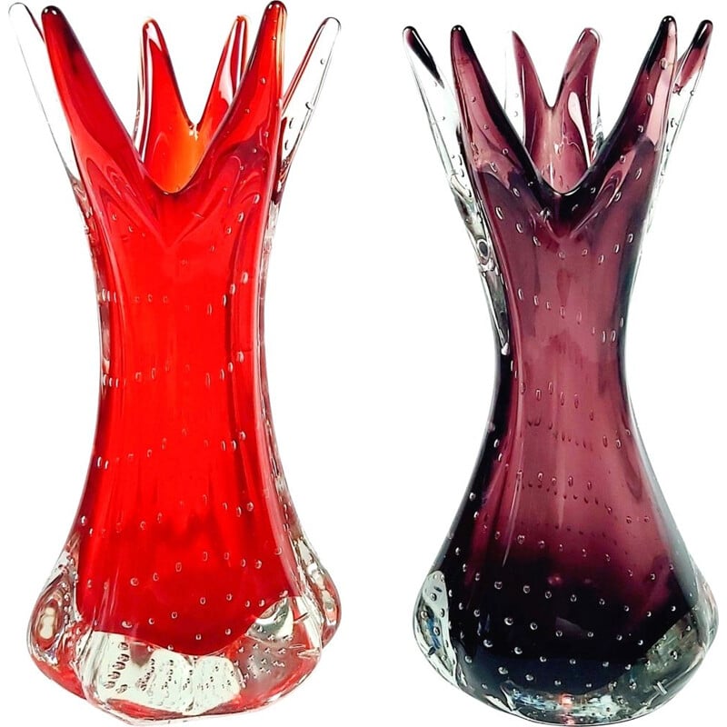 Pair of vintage bullicante Murano glass vases by Archimede Seguso, Italy 1970s