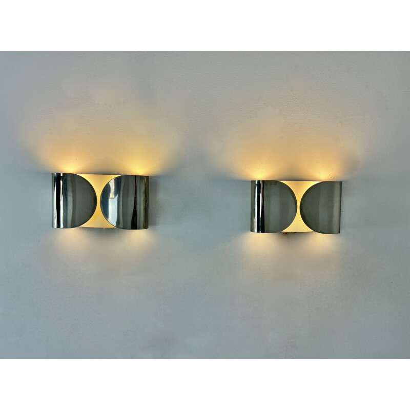 Pair of vintage chrome-plated metal wall lamps by Tobia&Afra Scarpa for Flos, 1960