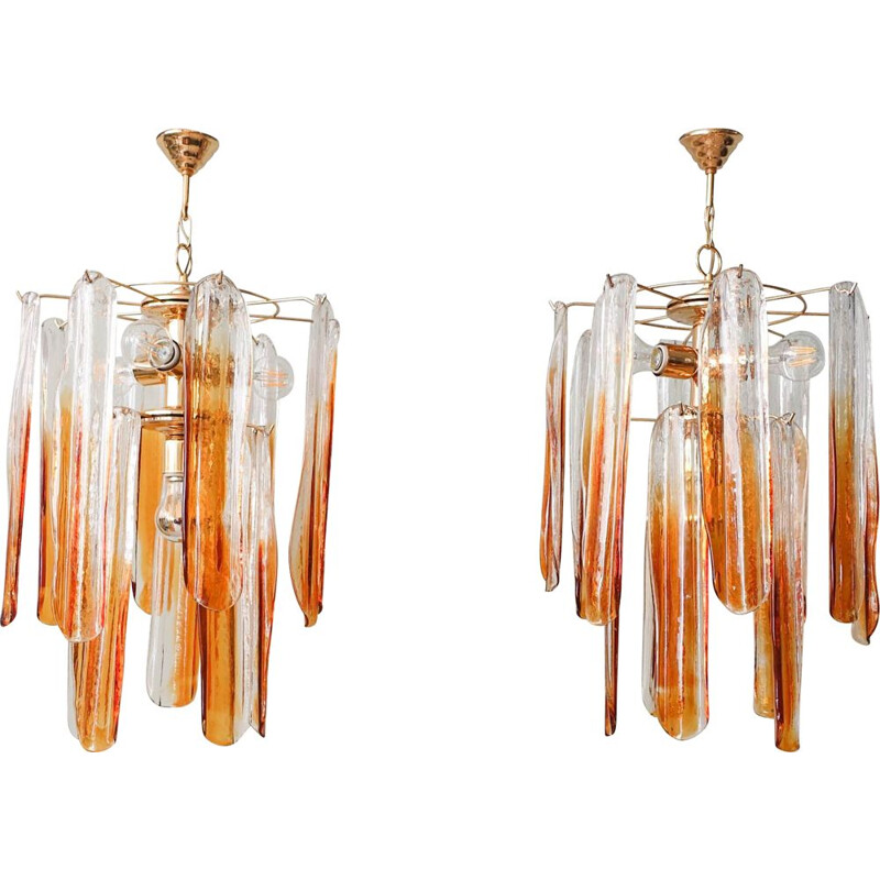Pair of vintage Murano glass flower petal pendant lamp by Carlo Nason for Mazzega, Italy 1970s