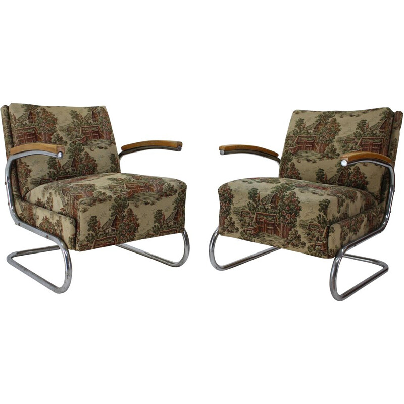 Pair of vintage chrome tubular armchairs type S 411 by Mücke Melder, 1930s