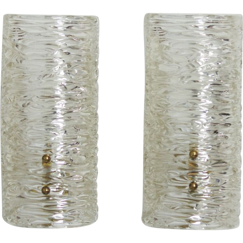 Pair of vintage textured glass and brass wall lamps by Kalmar, 1970s