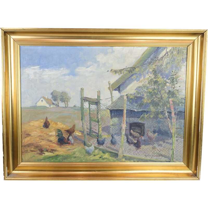 Vintage oil painting on canvas with motif of chicken farm and fields painted by Johan Jacobsen, 1940s