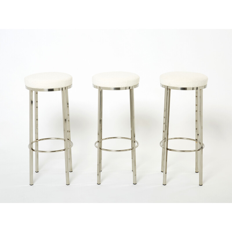 Set of 3 vintage steel and wool bar stools by Jean-Claude Mahey for Romeo Paris, 1970