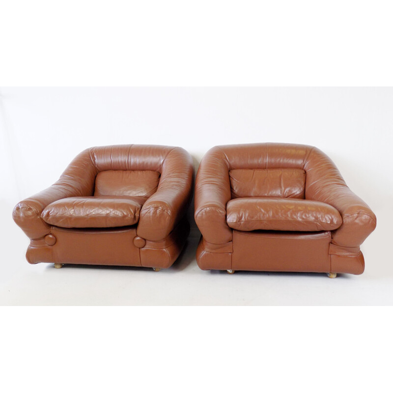 Pair Of Vintage Italian Caramel Colored, Caramel Colored Leather Chairs