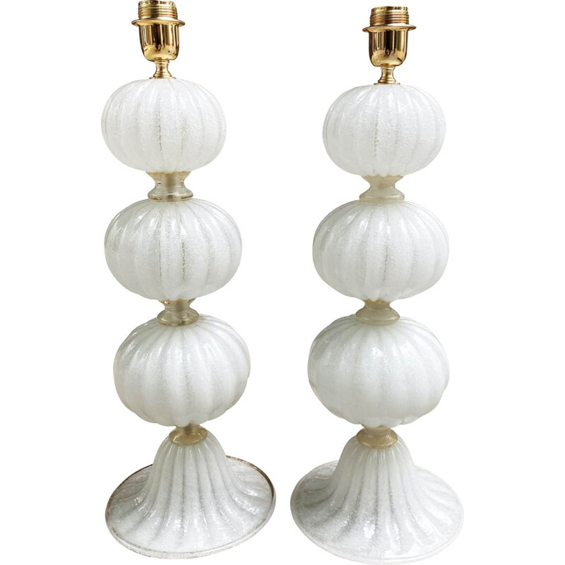 Pair of vintage white lamps in Murano glass by Toso for Circa, 1975s