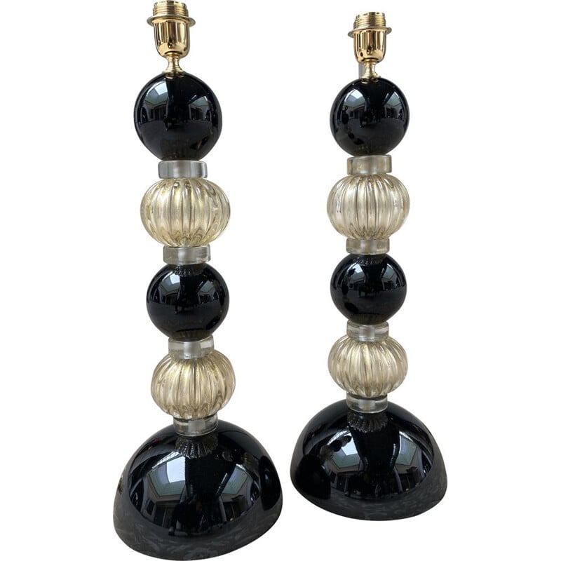 Pair of vintage black lamps in Murano glass by Toso, 1980