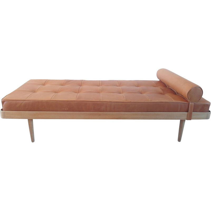 Vintage Danish bed in solid oakwood with leather mattress by Horsnaes Møbler, 1956