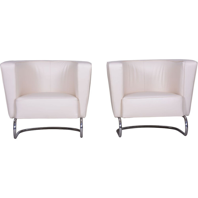 Pair of vintage white leather armchairs by Jindrich Halabala for Up Zavody, 1930s
