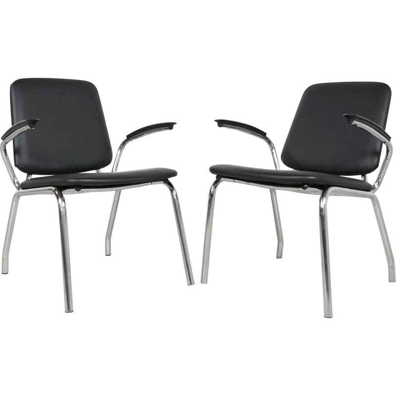 Pair of Dutch Gispen armchairs in black leatherette and steel, Martin DE WIT - 1960s