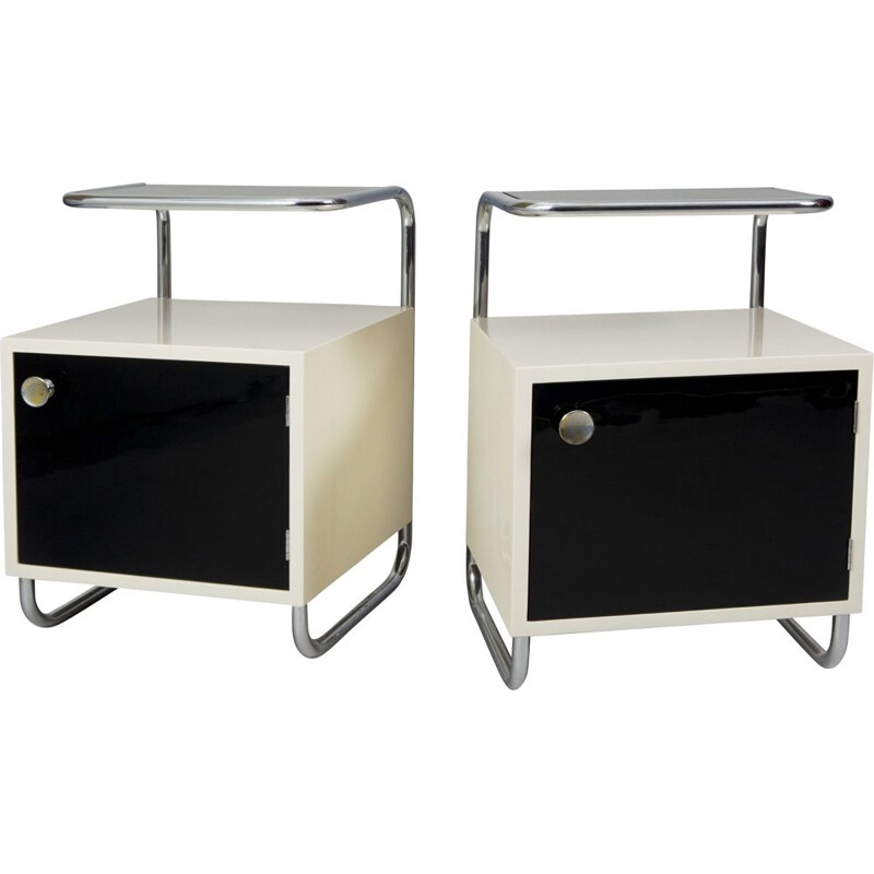 Pair of vintage black and white night stands, Czechia 1940s