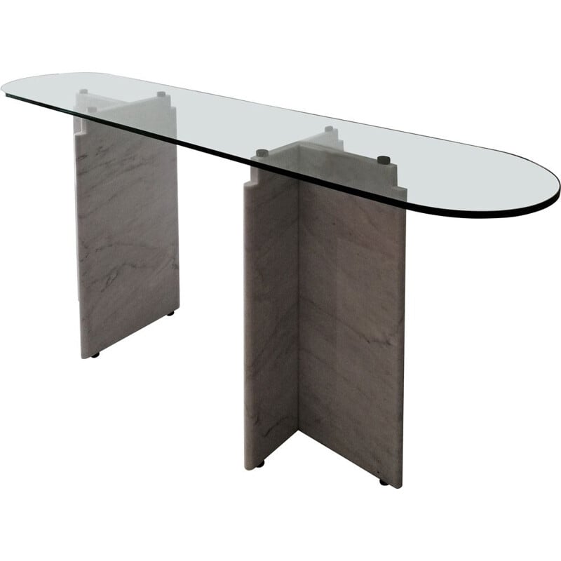 Vintage Carrara marble and thick glass console, 1980s