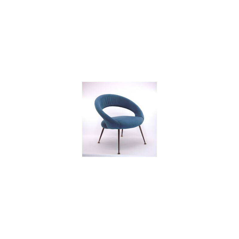 Blue velvet round armchair - 1960s