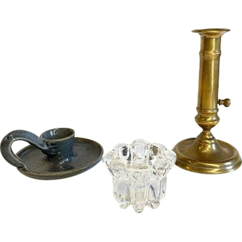 Set of 3 vintage brass and crystal candlsticks