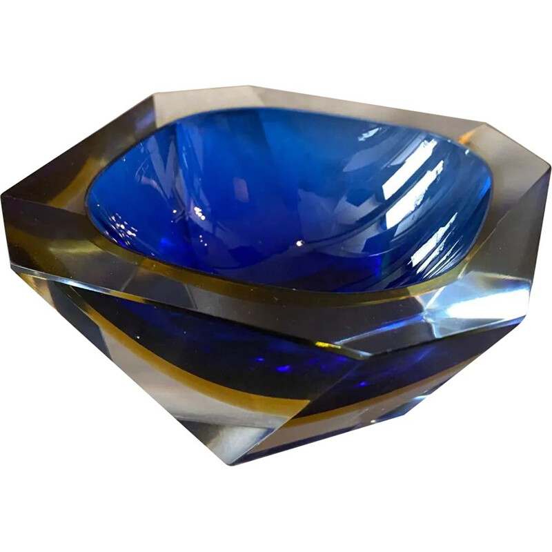 Vintage blue and yellow Sommerso faceted Murano glass ashtray by Seguso, 1970s