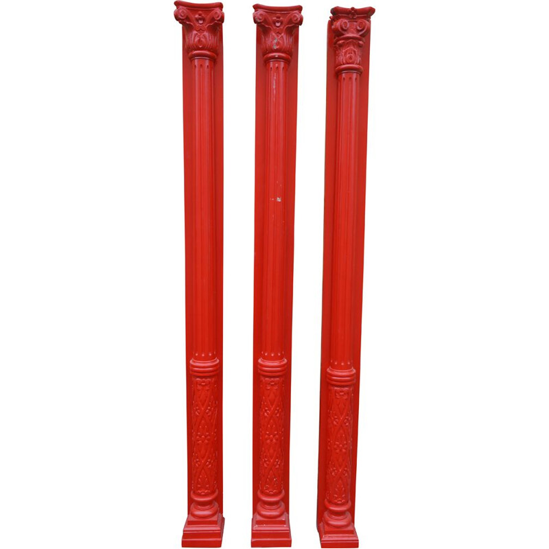 Set of 3 vintage red carved wood wall columns, 1930