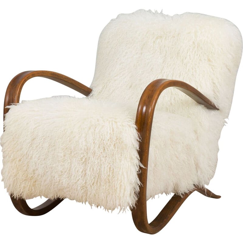 Vintage armchair model 269 in natural long hair sheepskin by Jindrich Halaba for Up Zavody, 1930s