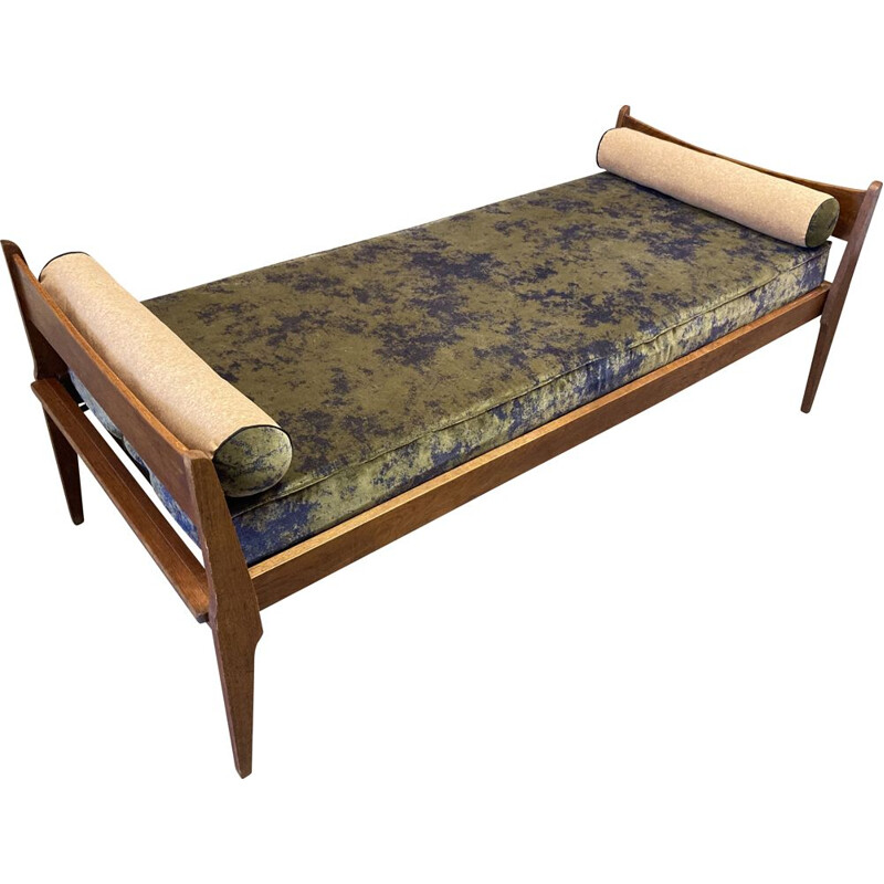 Vintage velvet and khaki cork oakwooden sofa bed, 1950s