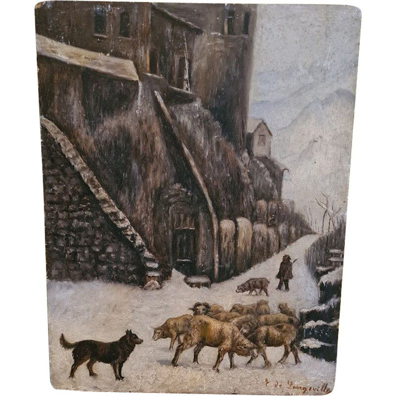 French vintage painting sheep herder