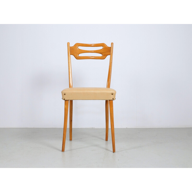Set of 6 Italian dining chairs in maple and beige leatherette - 1950s 