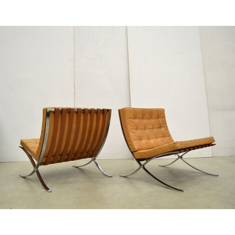 Pair of vintage cognac Barcelona armchairs by Mies van der Rohe for Knoll International, 1970s