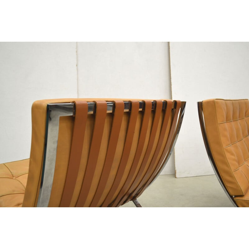 Pair of vintage cognac Barcelona armchairs by Mies van der Rohe for Knoll International, 1970s