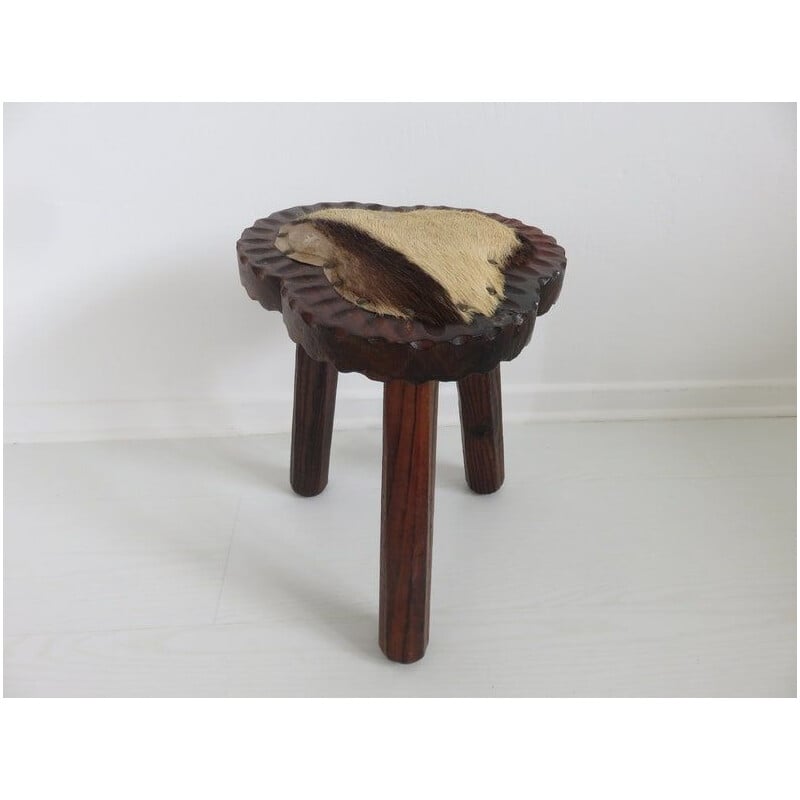 Vintage tripod stool with gouged cowhide seat, 1960