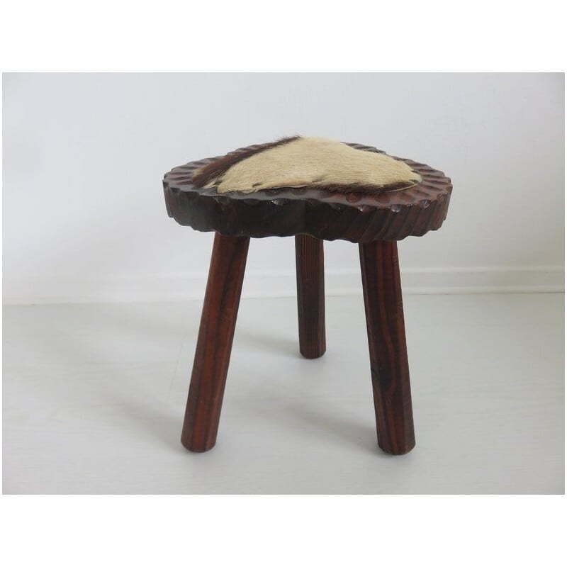 Vintage tripod stool with gouged cowhide seat, 1960