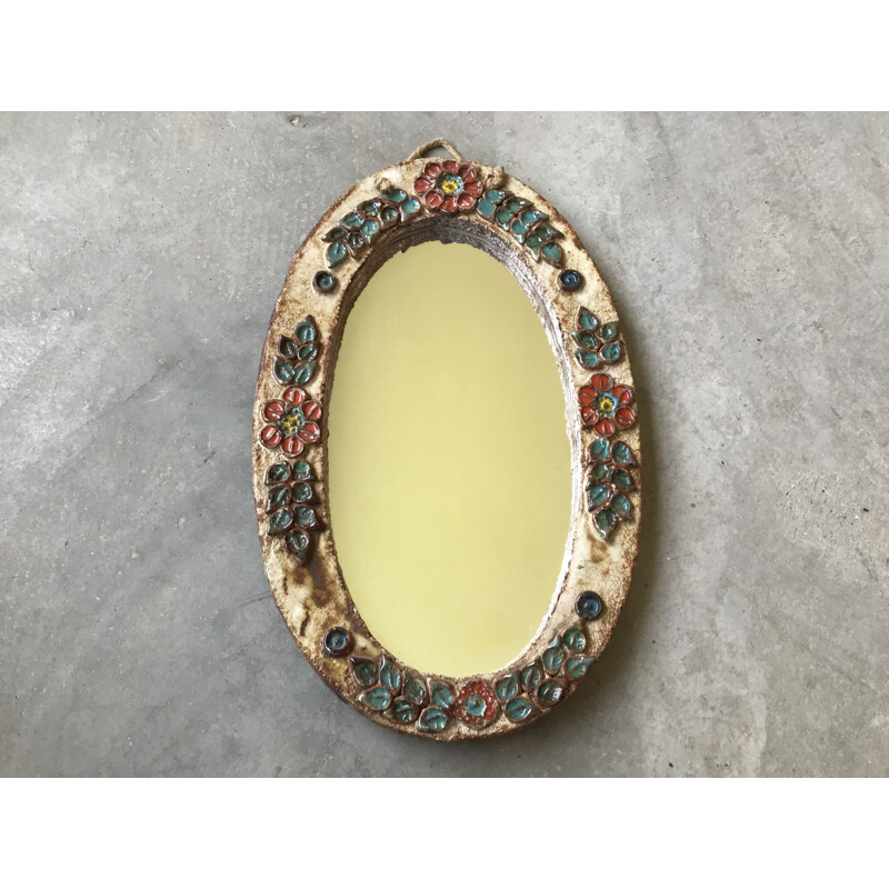 Vintage ceramic mirror with flower design, 1960-1970