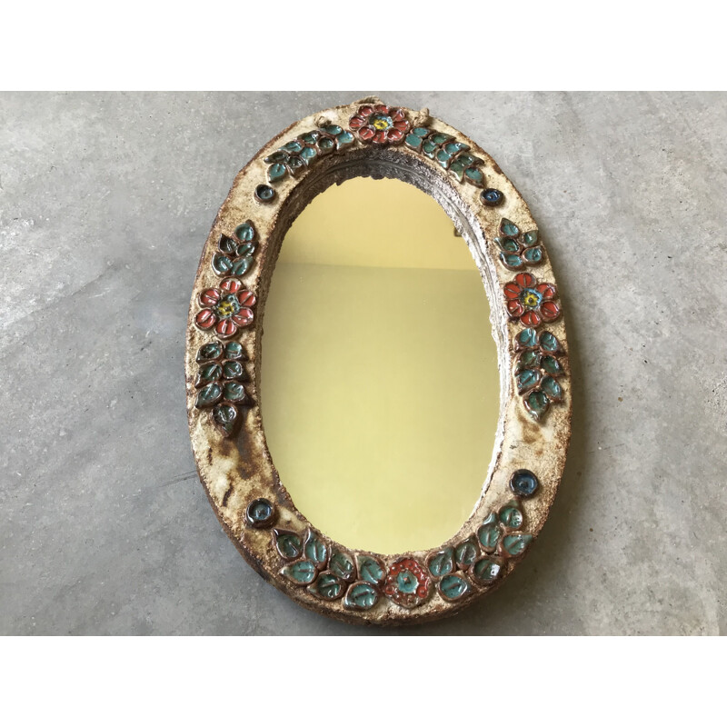 Vintage ceramic mirror with flower design, 1960-1970