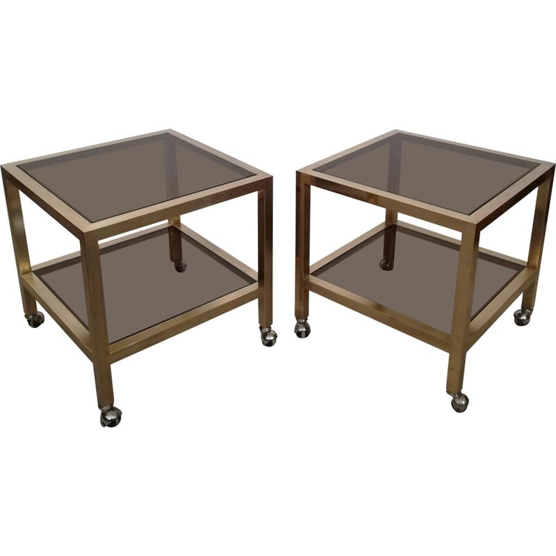 Pair of vintage side tables in brass and smoked glass with wheels, Italy 1970s